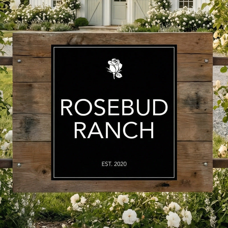 custom entrance sign with 'Rosebud Ranch' and a rose logo in a garden  mounted on wood. 
