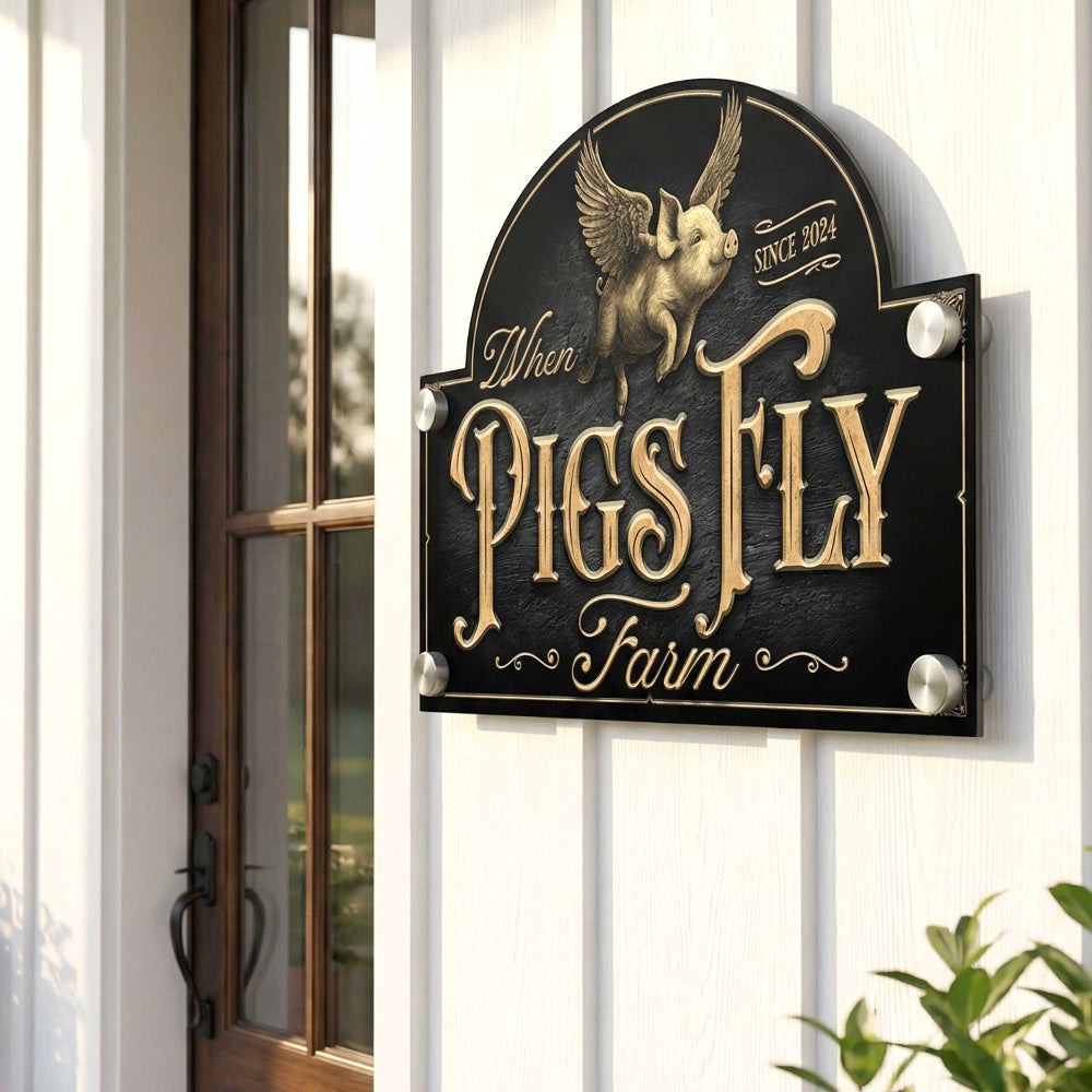 custom entrance sign mounted on white siding that says When pigs fly farm in gold lettering. 