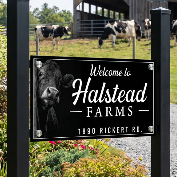 metal farm sign of the Halstead Farms with a cow's face and farm background