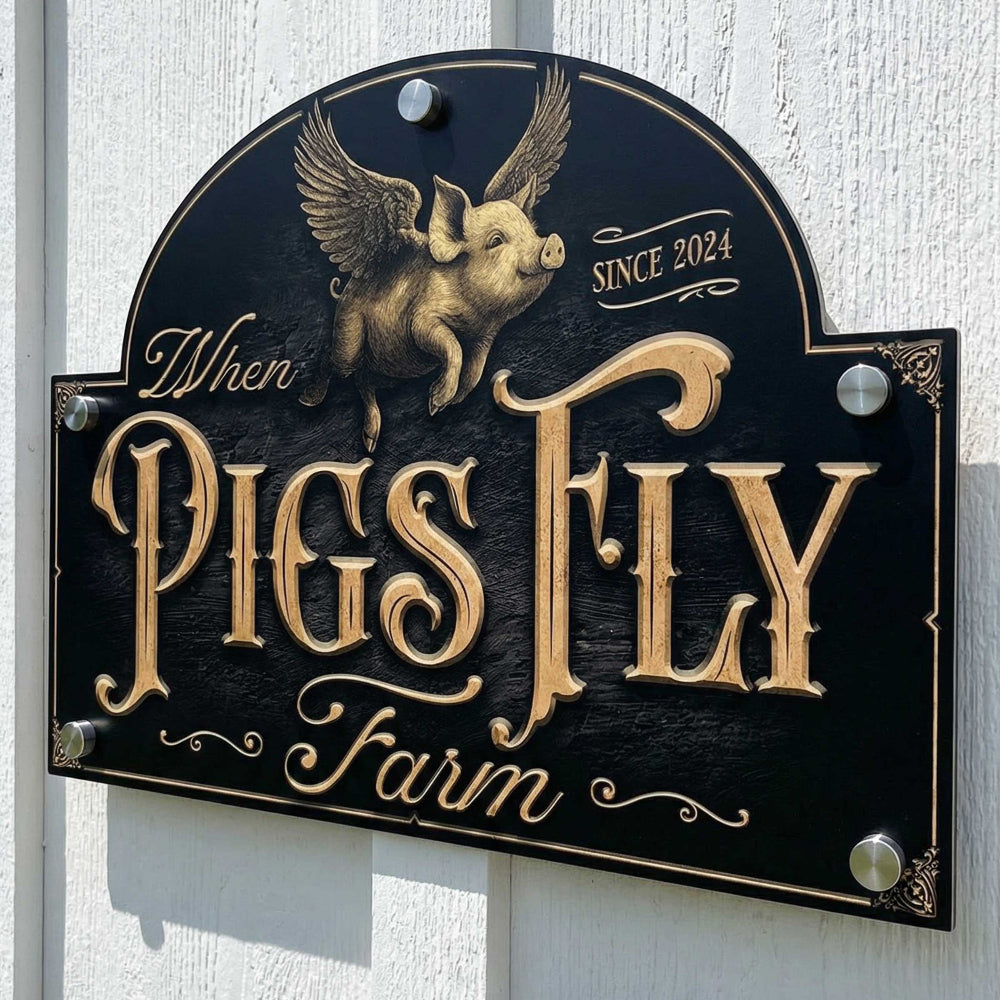 custom farm sign of a pig flying with the words When Pigs Fly Farm mounted to a white building.