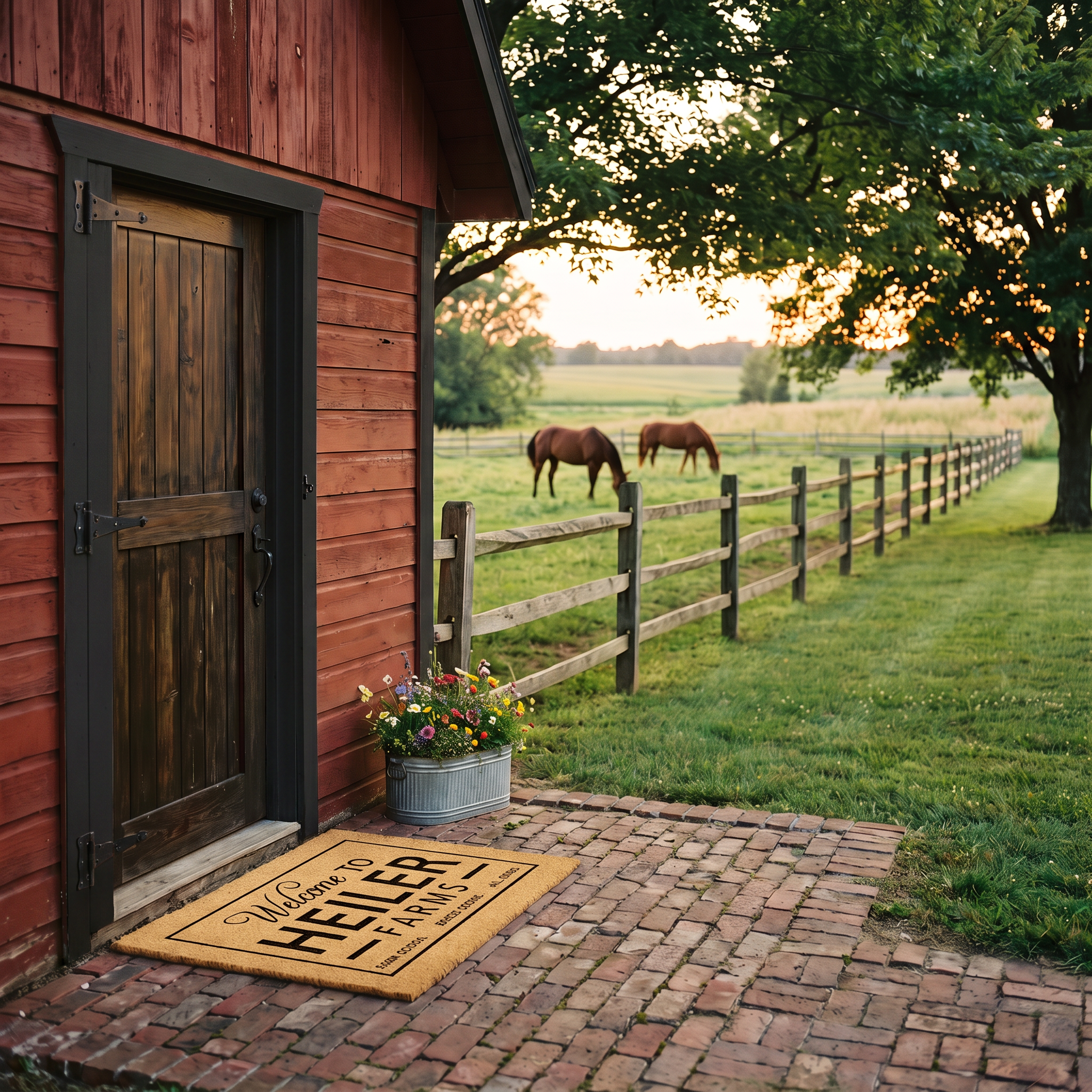 Custom farmhouse doormat with farm name at a red barn door with horses grazing beyond the fence