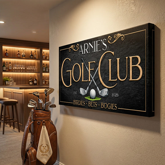 Custom golf sign mounted on a basement wall with golf clubs near it, sign says arnies golf club.
