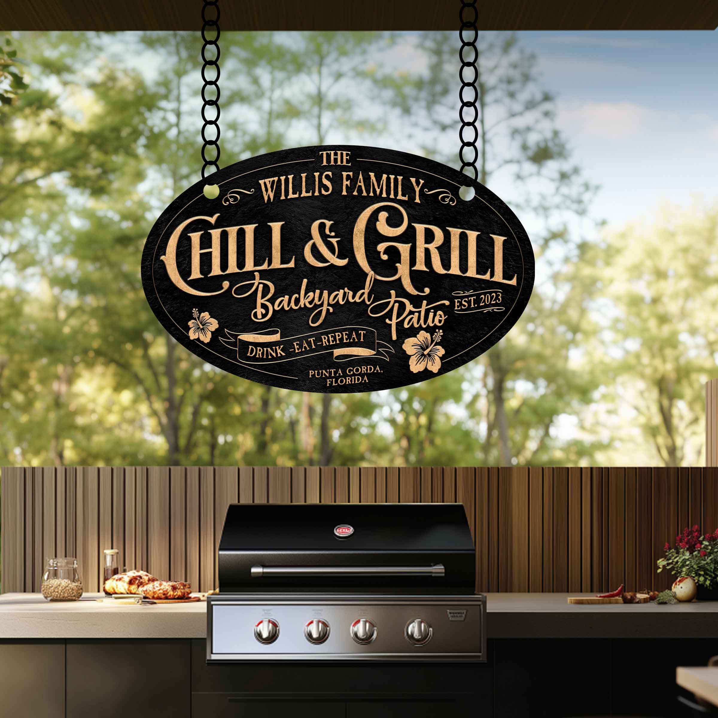 custom grilling sign on black textured metal with words Chill and Grill