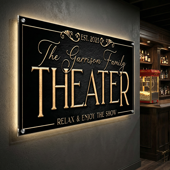 custom home theater sign for 'The Garrison Family Theater' in a dimly lit room with bar elements.