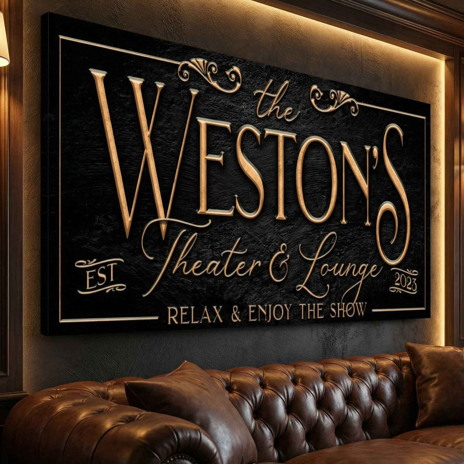 custom home theater sign for 'The Weston's Theater & Lounge' above a brown leather couch.