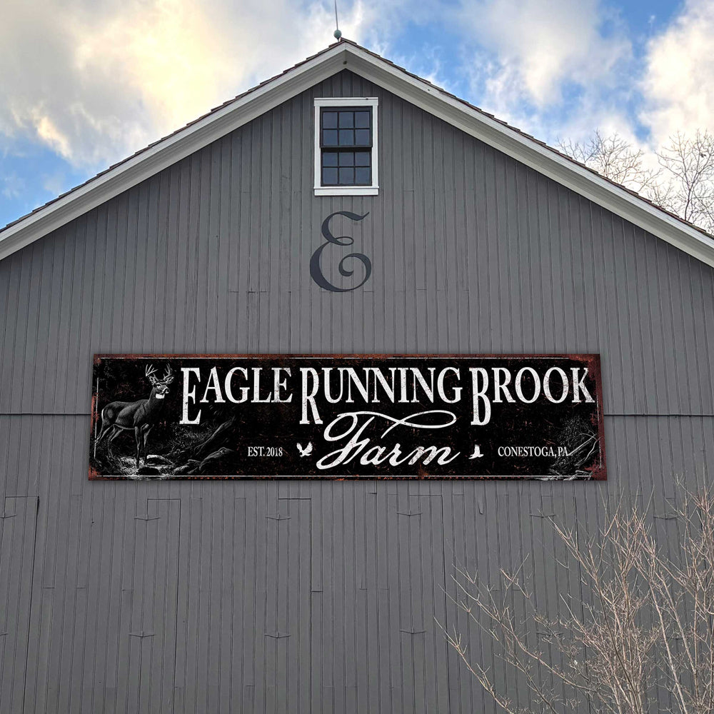 custom metal farm sign in distressed black with deer and a brook