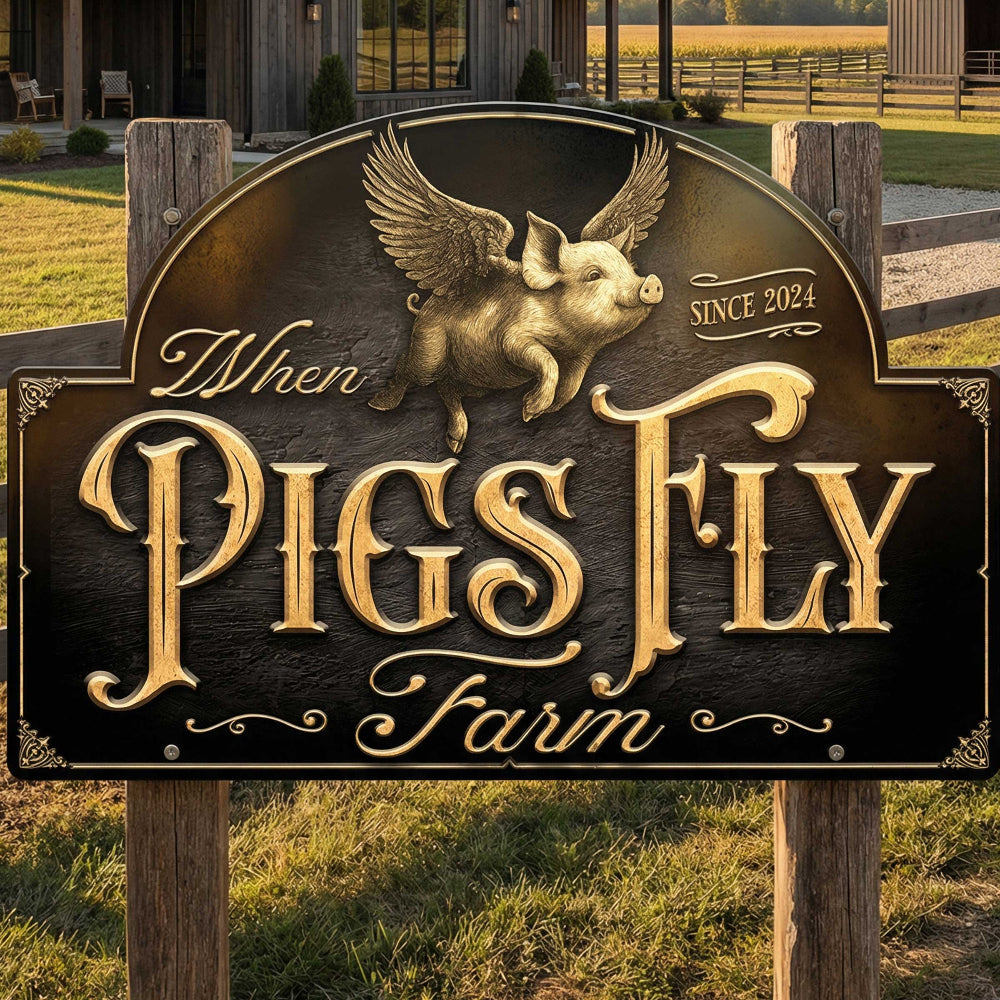 custom metal sign of a gold Pig flying on top of the words When Pigs Fly Farms mounted to two wood post.