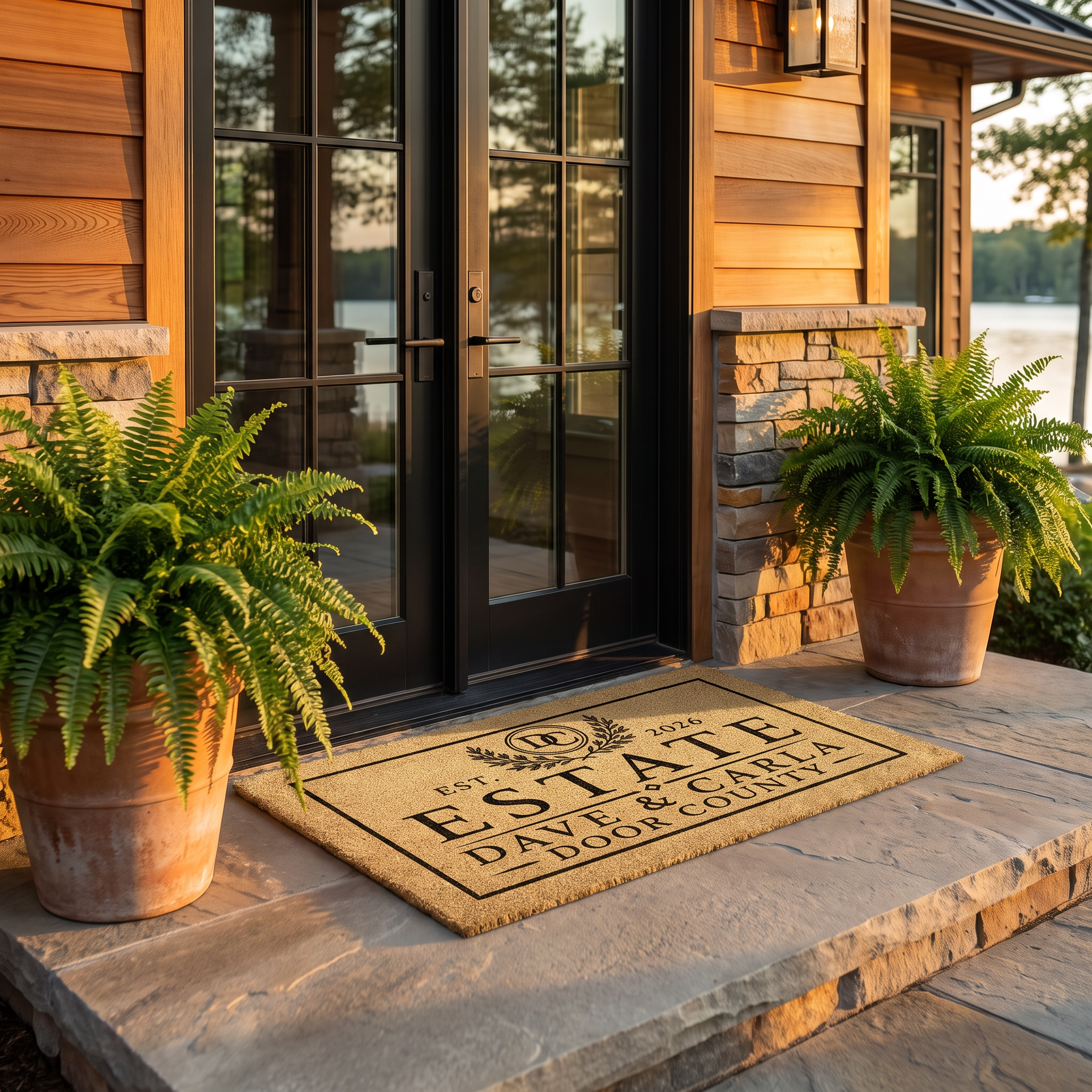 Custom monogram estate doormat on a stone step at a lake house entry with ferns in terracotta pots