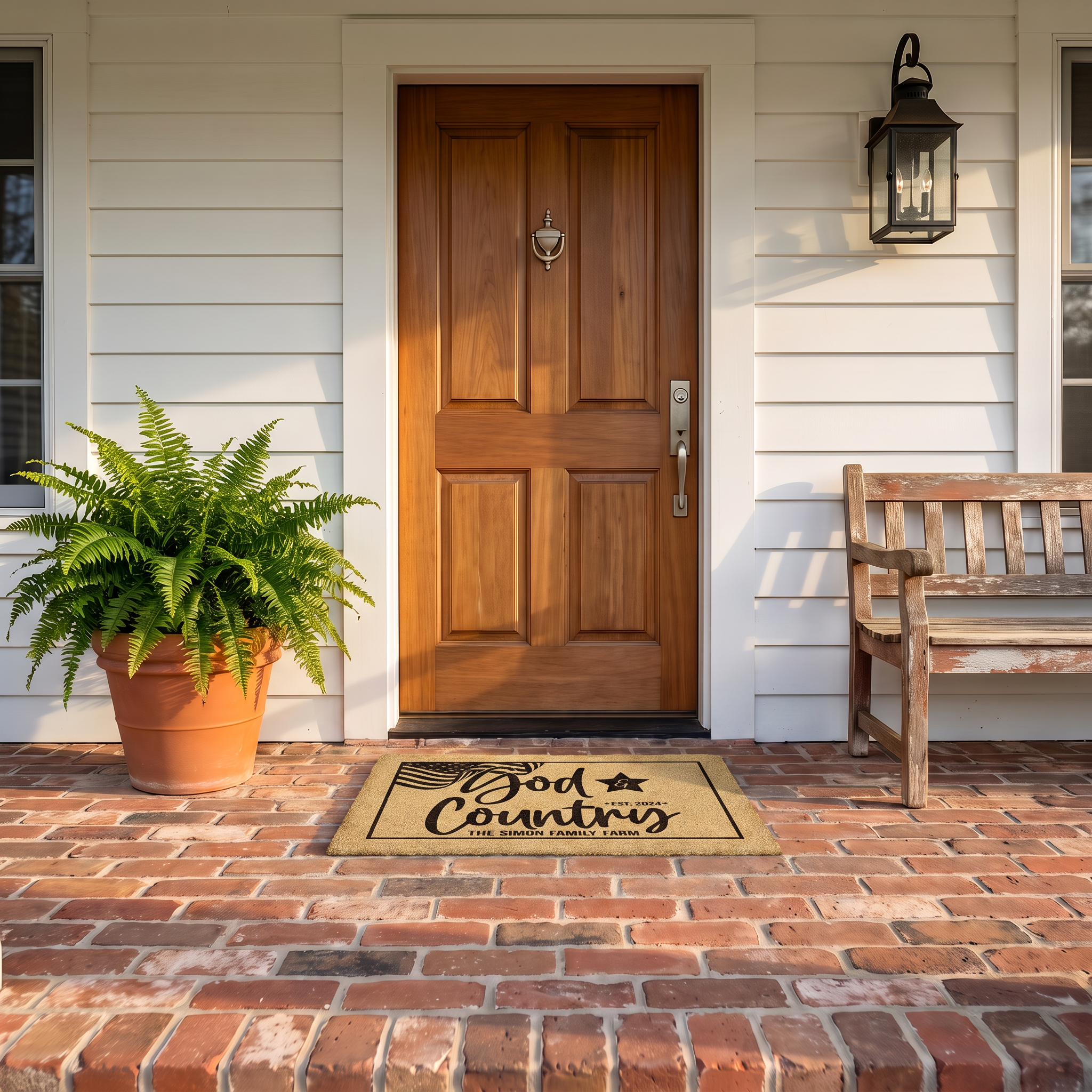 Custom patriotic doormat with flag, star and est year on a brick porch by a wood door and fern