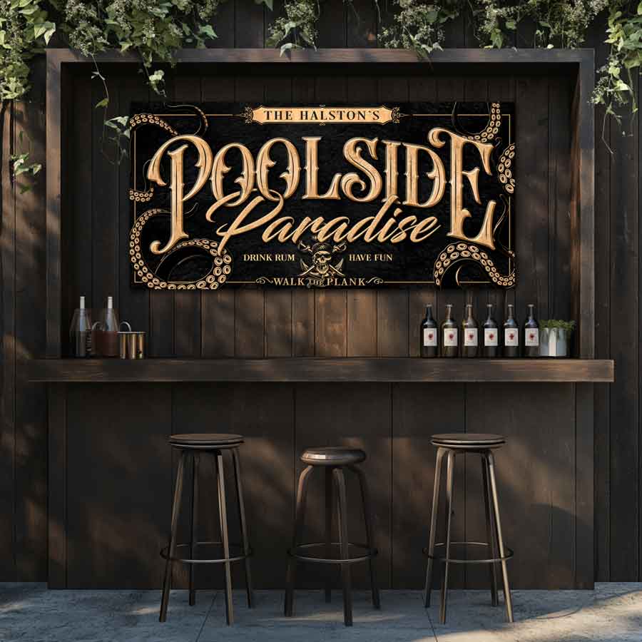custom pool sign with black textured background with gold letters that say Poolside Paradise - Drink Rum - Have fun