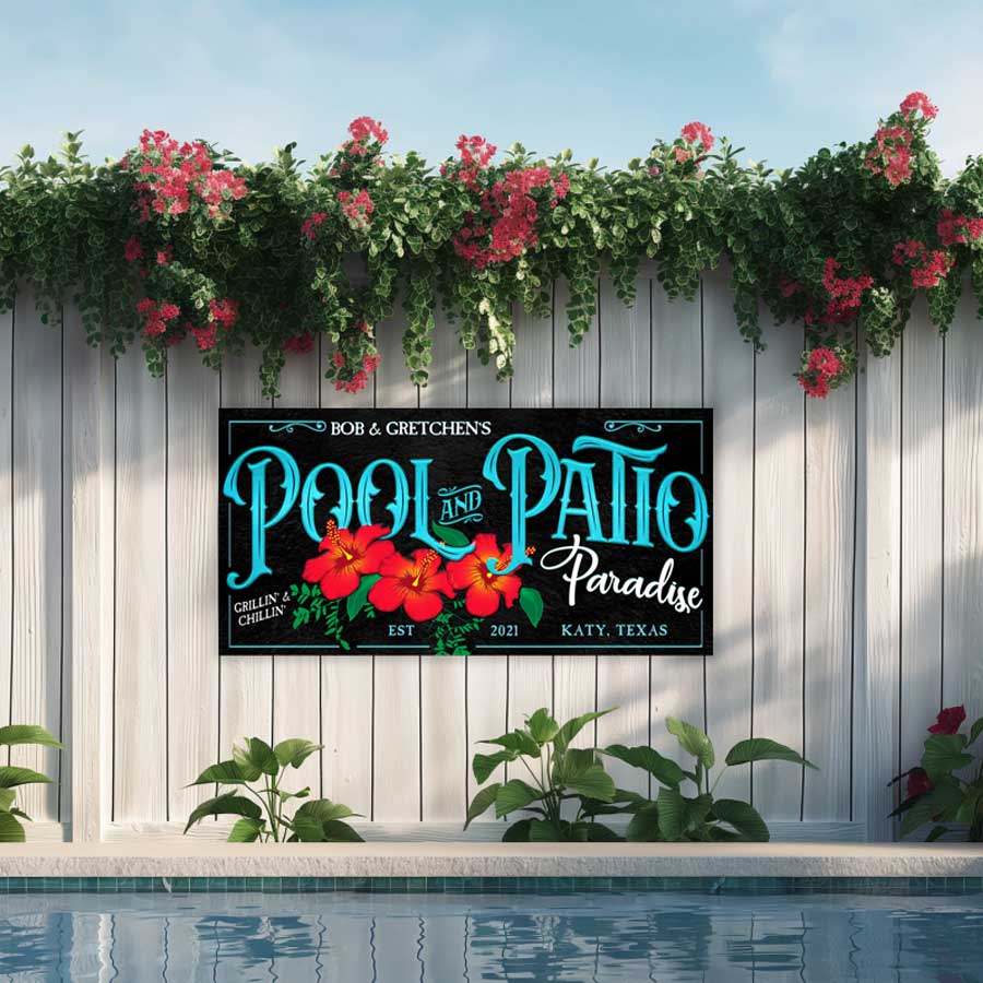 Custom Pool Sign Pool and Patio Paradise Sign with teal letters and red hibiscus flowers with name and state on black textured background.