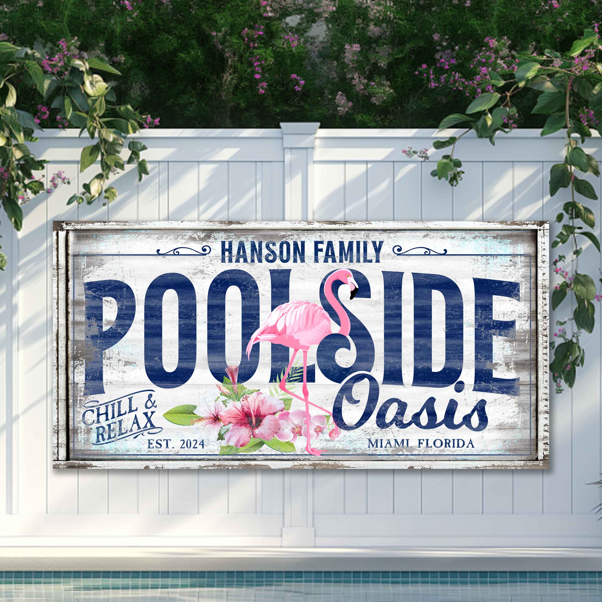 custom pool sign  on white washed background with the words poolside Oasis featuring a pink flamingo.