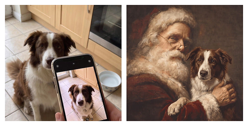Custom Santa pet portrait before and after, from a phone photo of a border collie to a vintage Santa portrait