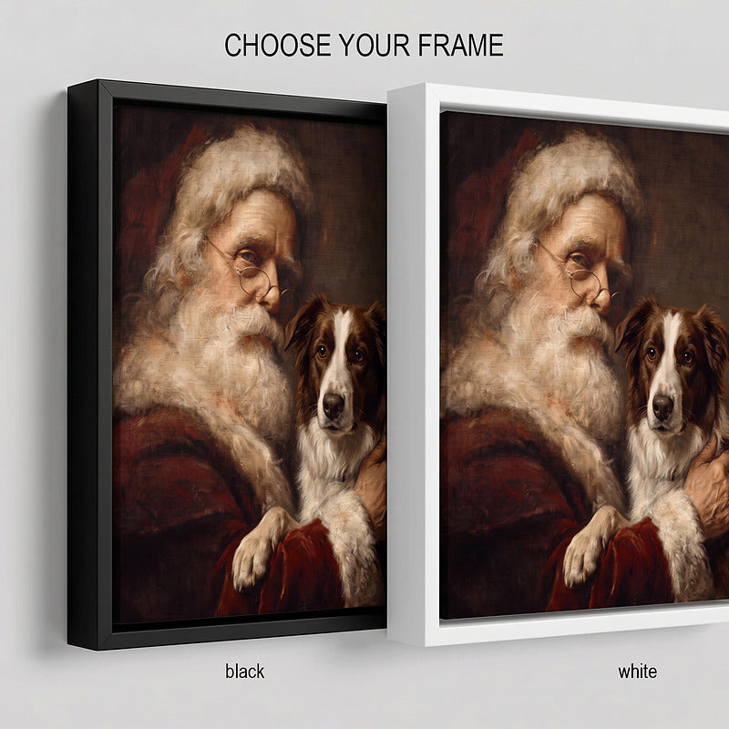 Custom Santa pet portrait framed canvas shown in a black frame and a white frame