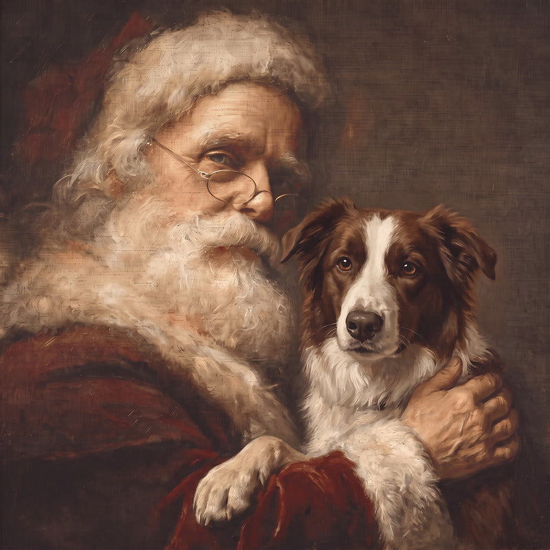 Custom Santa pet portrait of a brown and white border collie held by vintage Santa, framed canvas