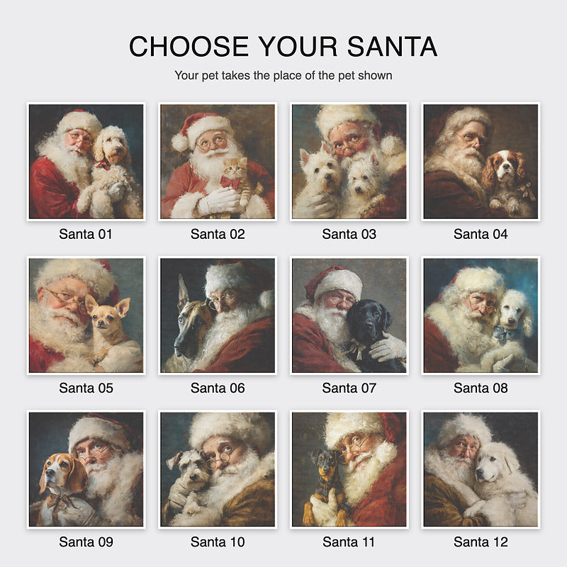 Choose your Santa for a custom Santa pet portrait, Santa 01 to Santa 12