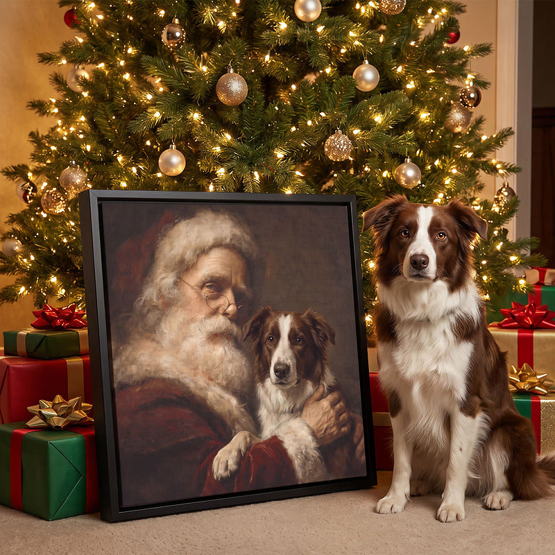 Custom Santa pet portrait on black framed canvas under a Christmas tree beside the border collie it was made from