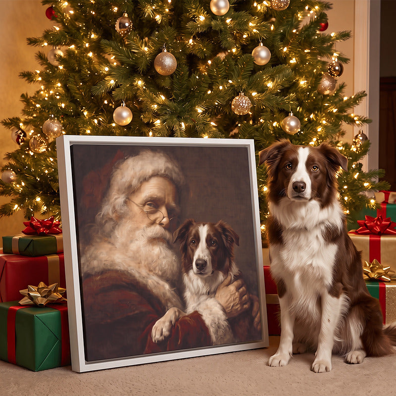 Custom Santa pet portrait on white framed canvas under a Christmas tree beside the border collie it was made from