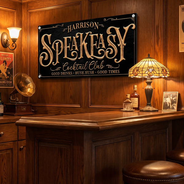 Wooden bar with custom speakeasy sign 'Harrison Speakeasy Cocktail Club' 
