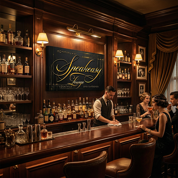 Bar with 'Speakeasy Lounge' sign, bartender, and patrons in a dimly lit room.