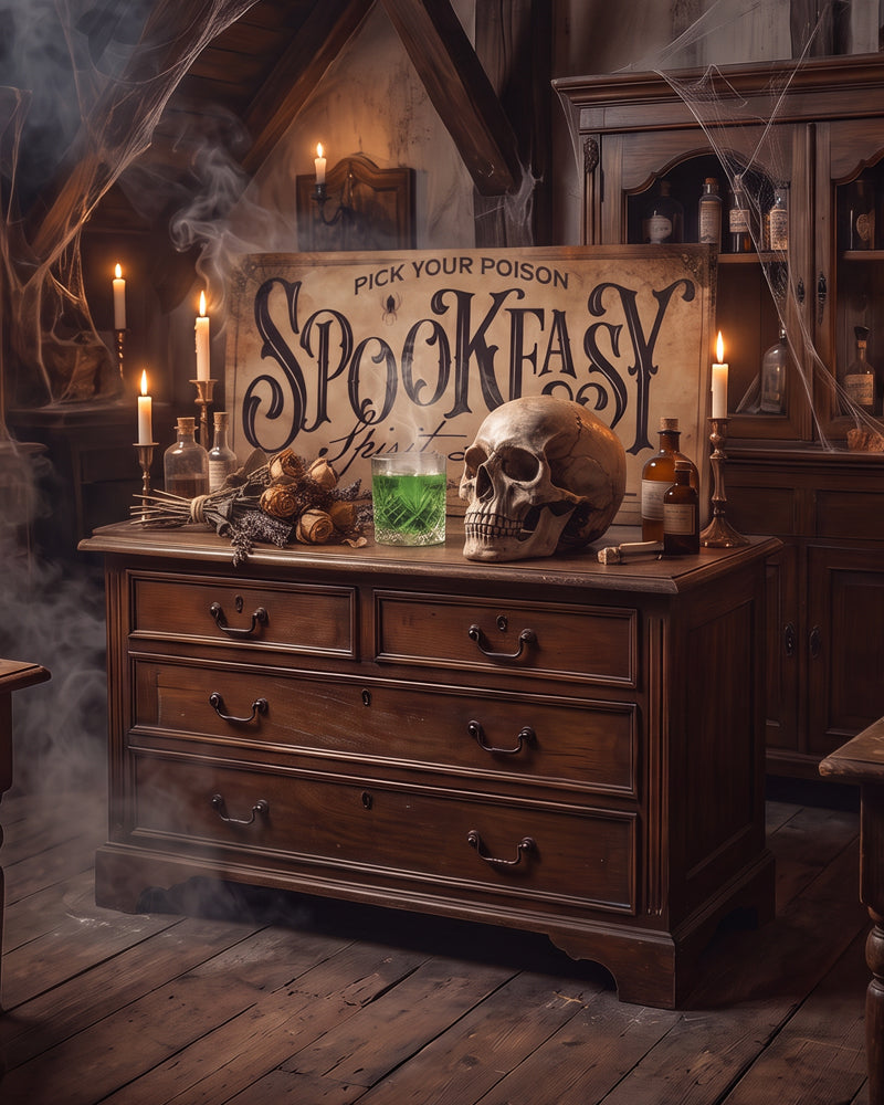 Spookeasy Halloween bar sign on a wood dresser with a skull, green absinthe, dried roses and apothecary bottles