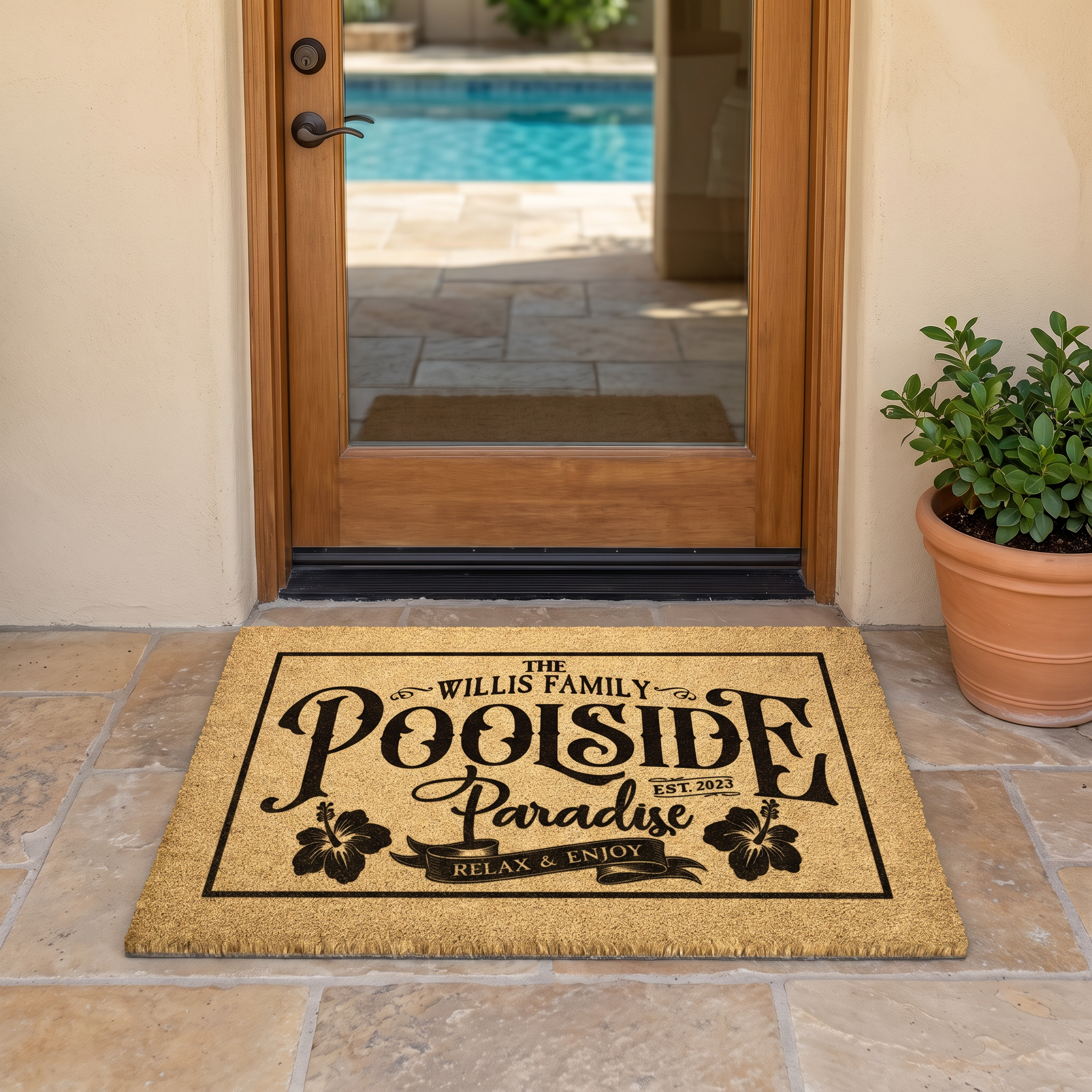 Custom summer doormat reading Poolside Paradise, Relax and Enjoy, at a wood pool house door