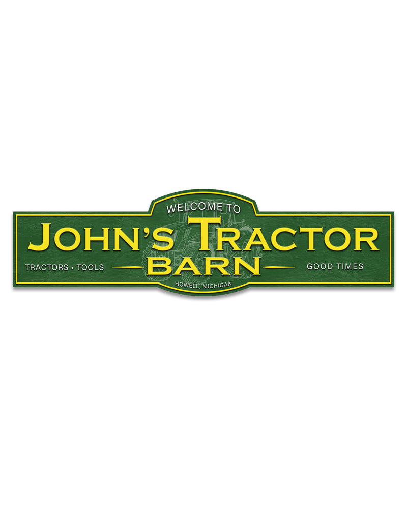 Custom tractor barn sign design in green and yellow with a family name and faint tractor silhouette