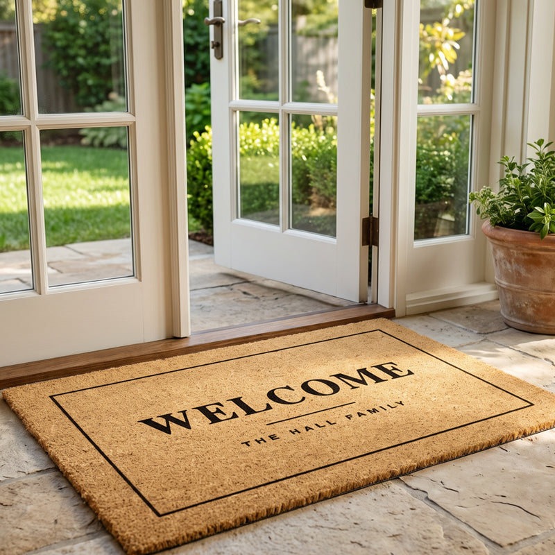 Custom welcome mat with a family name in black on natural coir at open white french doors