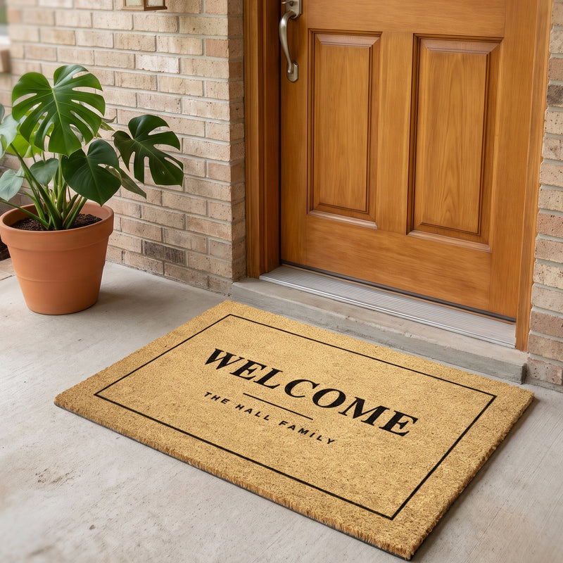 Custom welcome mat with a family name on a concrete porch beside a monstera in a terracotta pot
