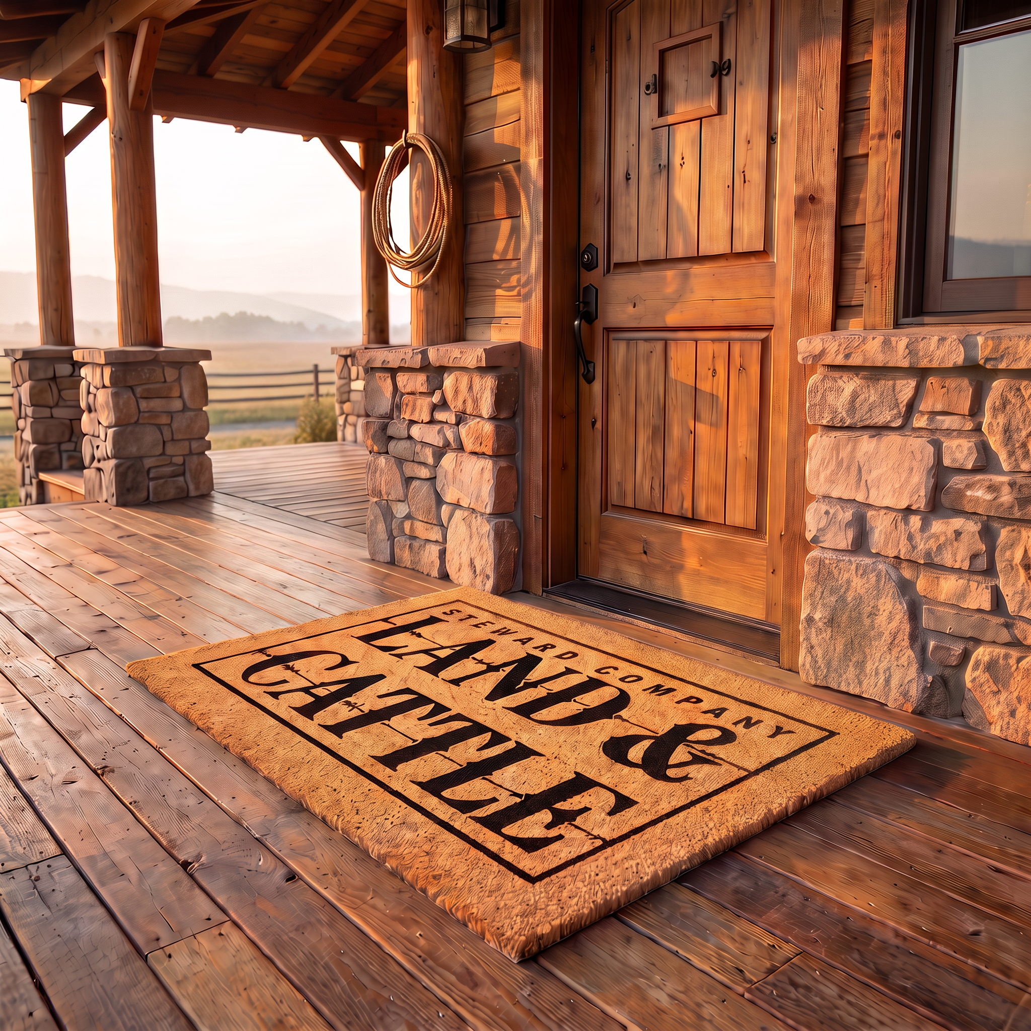 Custom western doormat reading Land and Cattle on a log cabin porch at sunrise with a lariat
