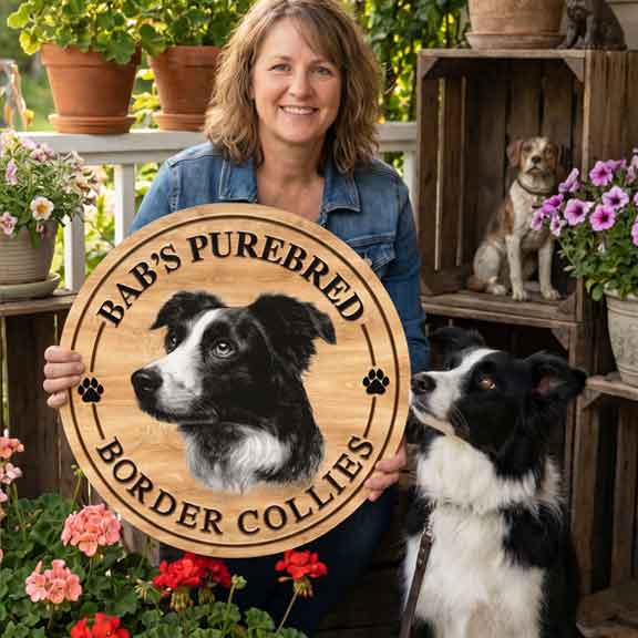 Woman holding a custom farm sign (faux) wooden sign with a border collie's face, surrounded by flowers and another dog.