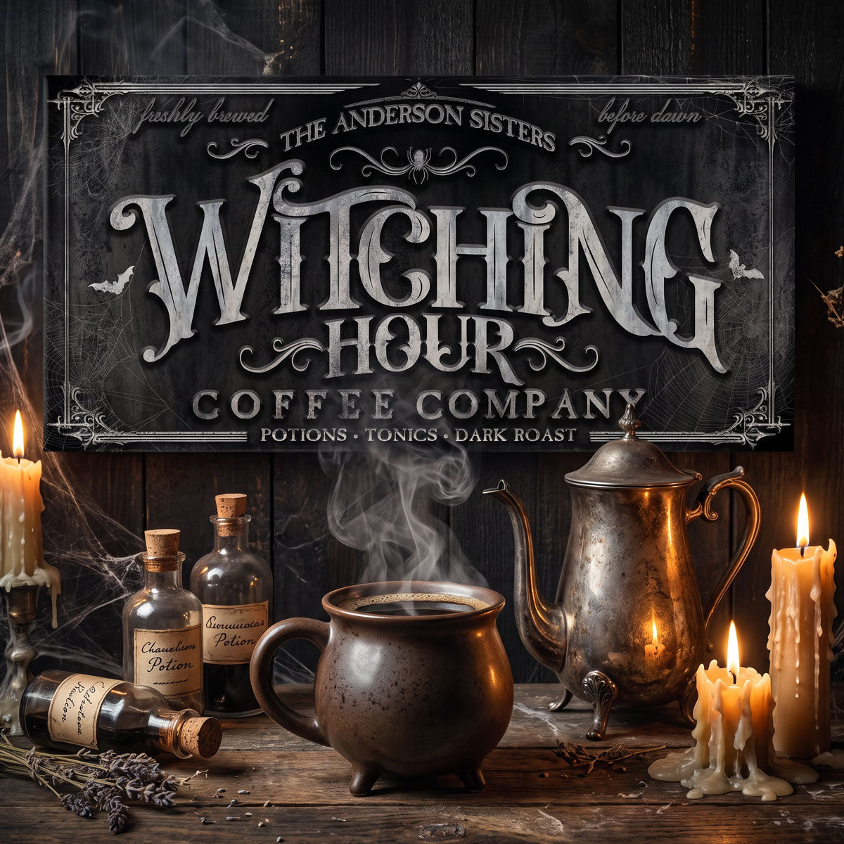 Witching Hour coffee sign behind a steaming mug, silver pot and apothecary bottles in candlelight