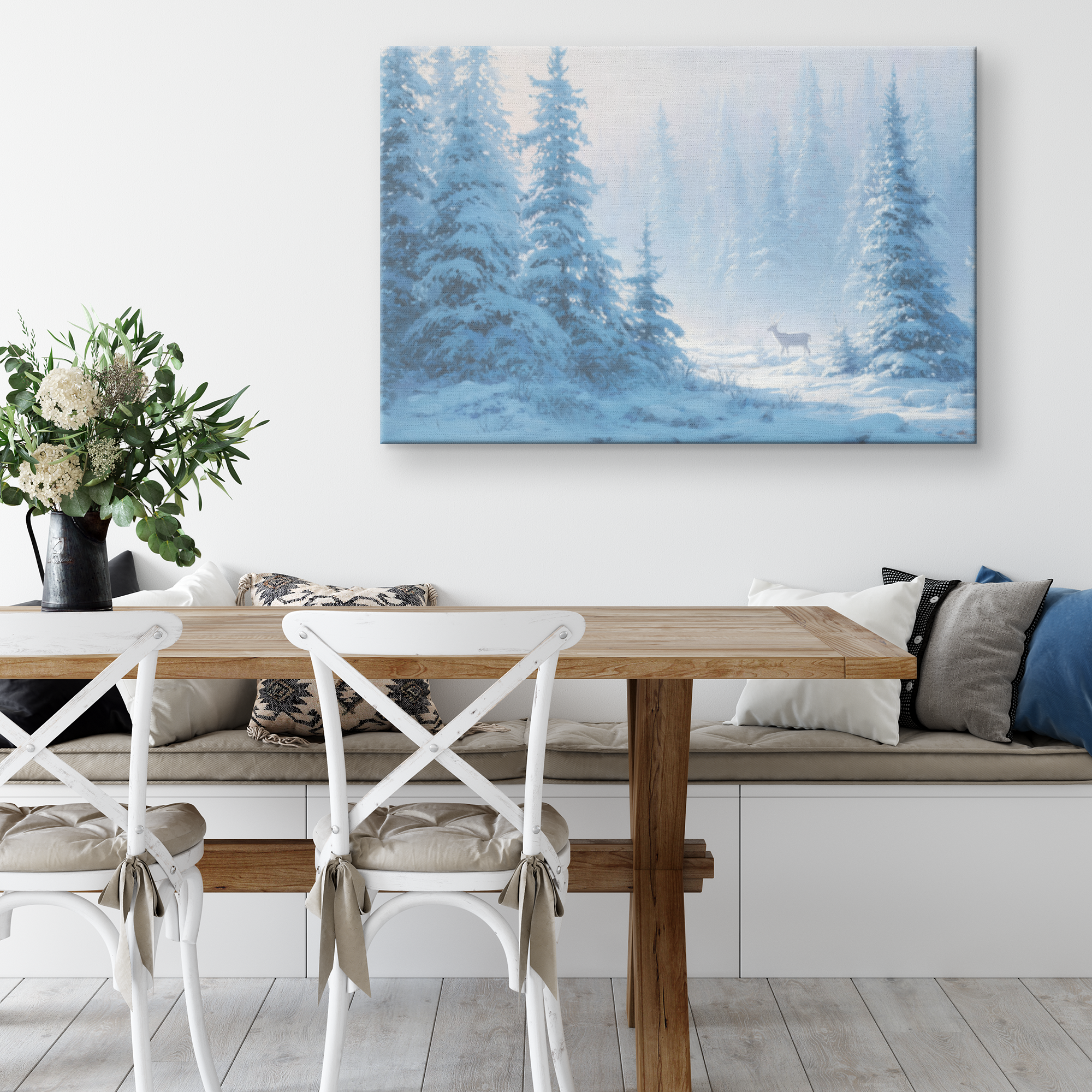 deer art christmas wall decor snow pines tree scene with a deer 