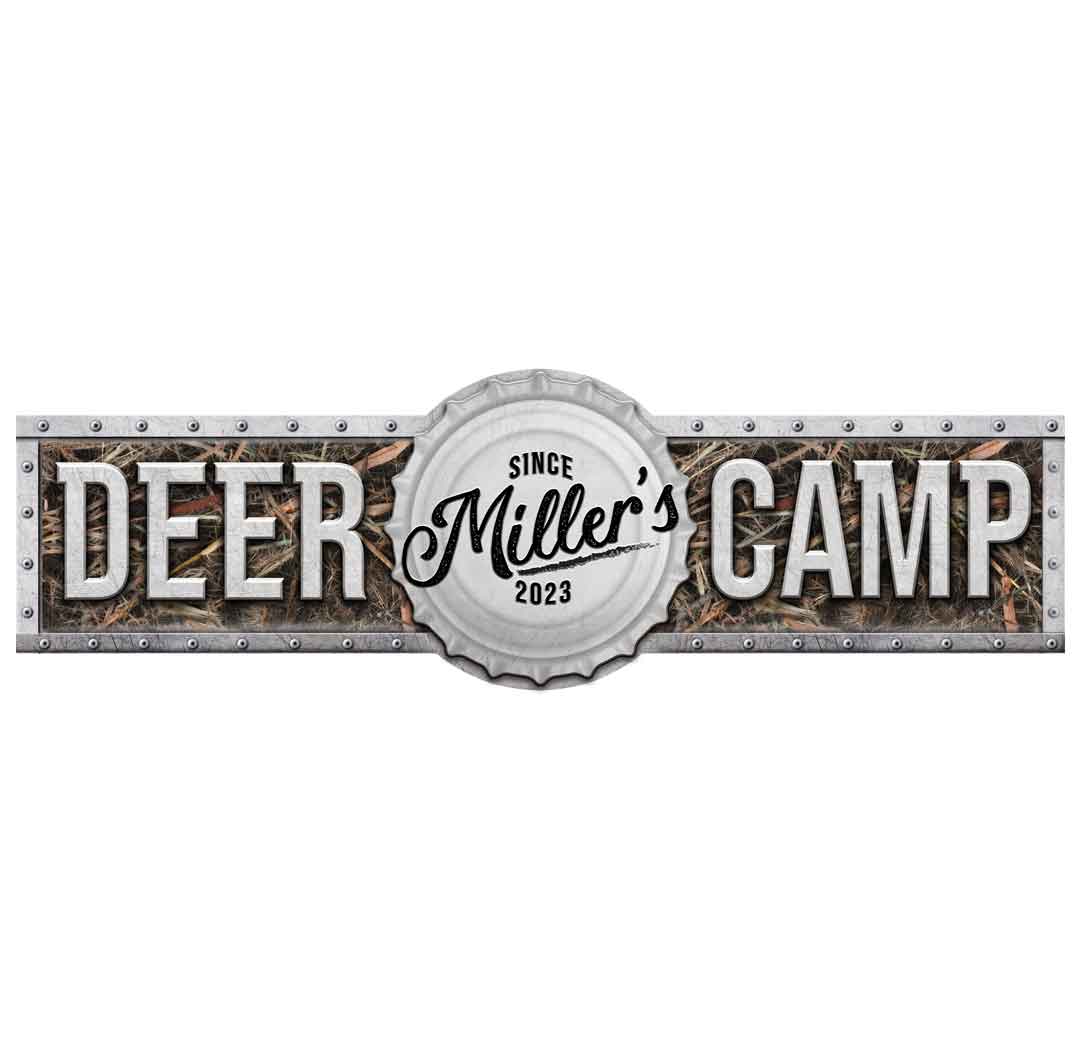 Deer hunting decor -Large Metal Barn Sign- Deer camp sign that looks like beveled metal with camo on the background and the words Deer Camp.