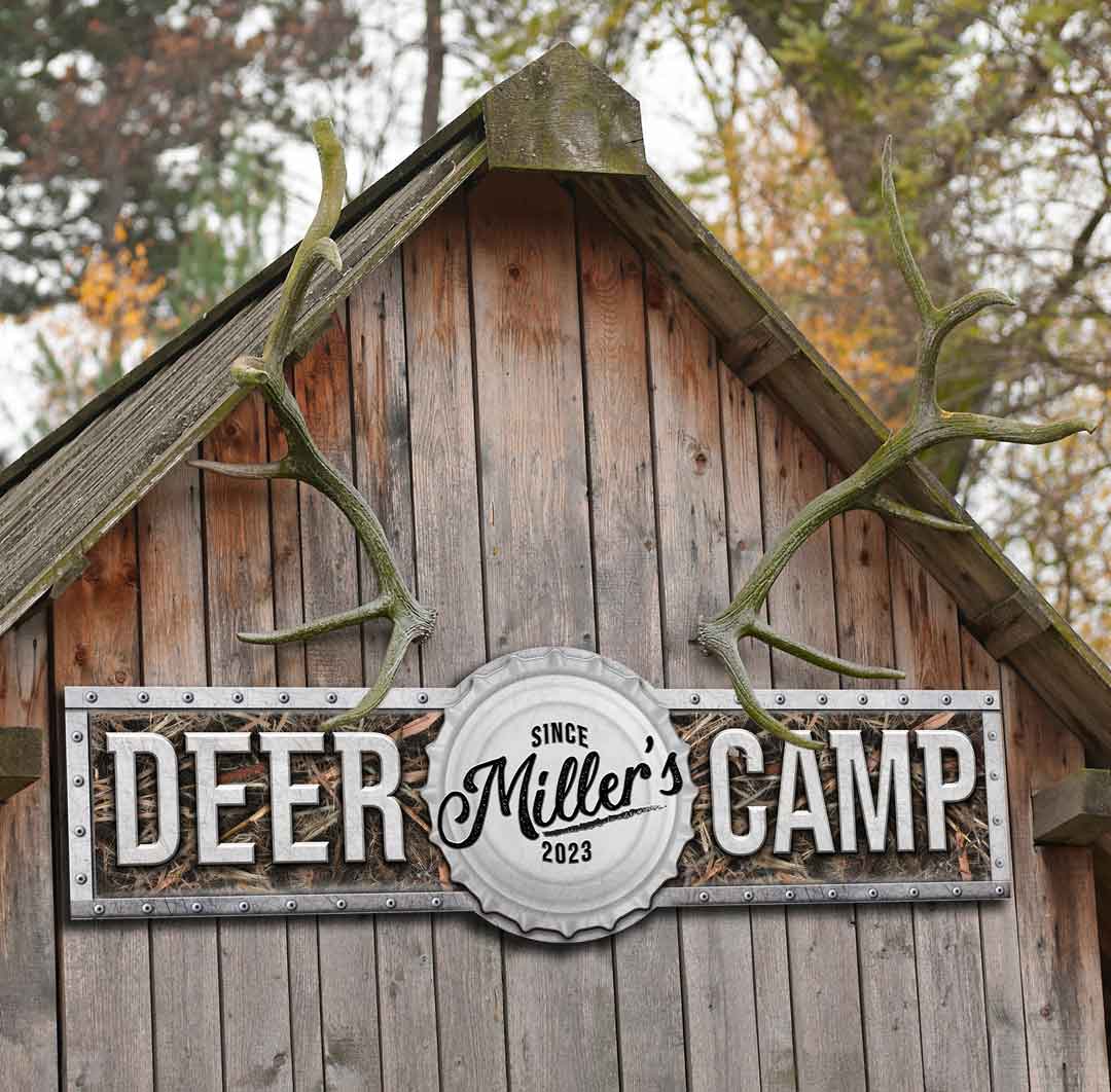 Deer hunting decor -Large Metal Barn Sign- Deer camp sign that looks like beveled metal with camo on the background and the words Deer Camp.