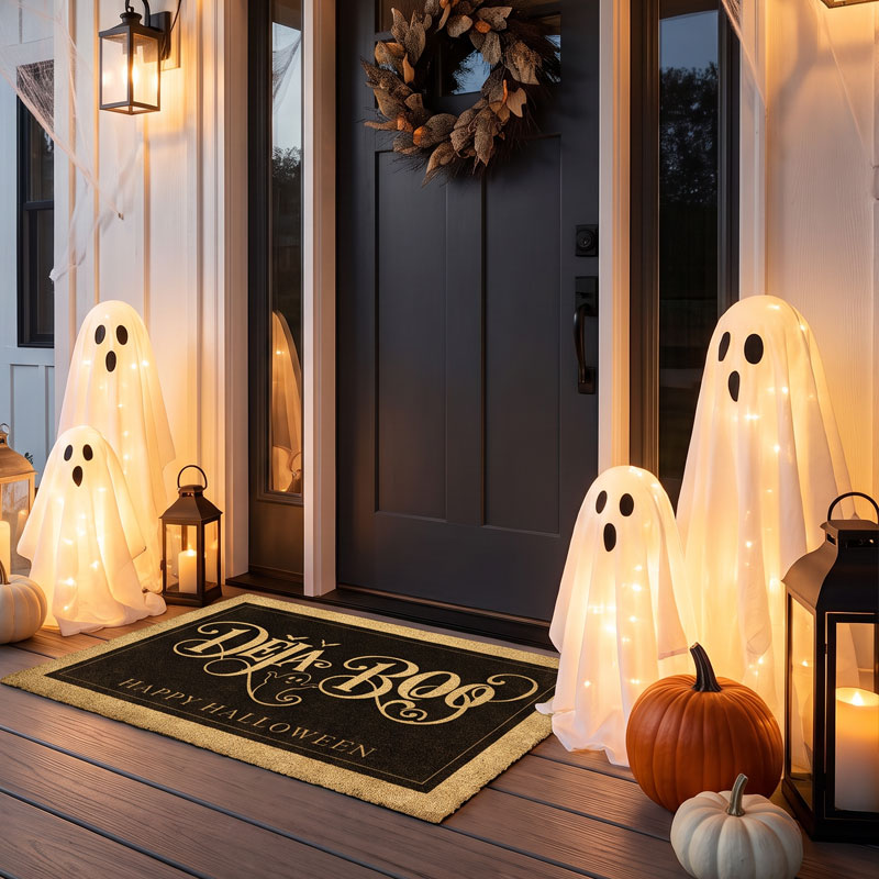 Deja Boo doormat with a little ghost and bats at a black door with lanterns and lit ghosts