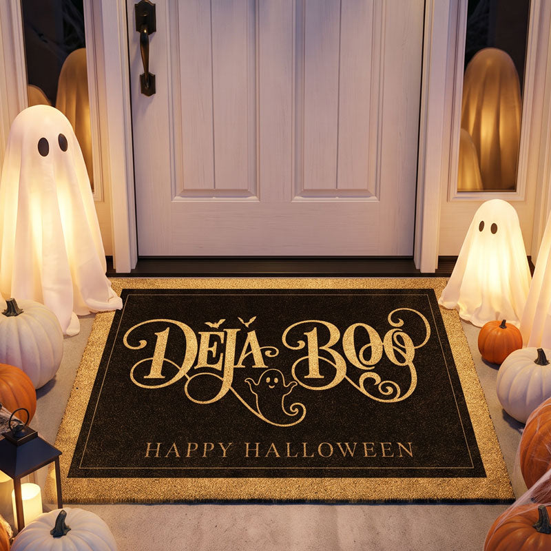 Deja Boo ghost doormat in gold on black reading Happy Halloween, at a white door with lit ghosts