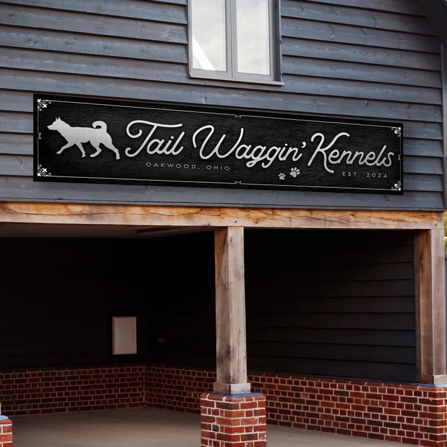 Dog Kennel Sign on black textured background with silver writing - Tail Waggin' kennels