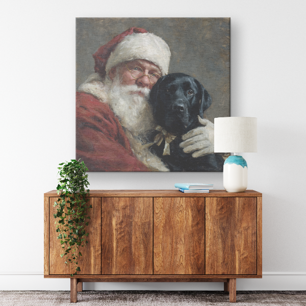 santa holding a black lab portrait