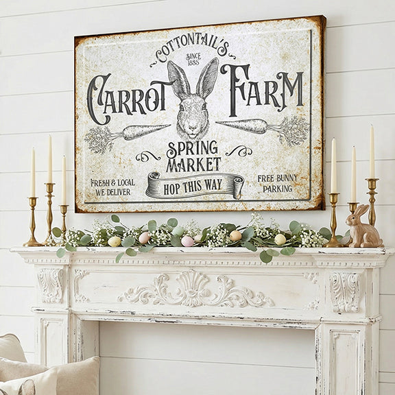 Easter Bunny Decor of a Decorative sign for 'Cottontail's Carrot Farm' on a mantelpiece with candles and greenery.
