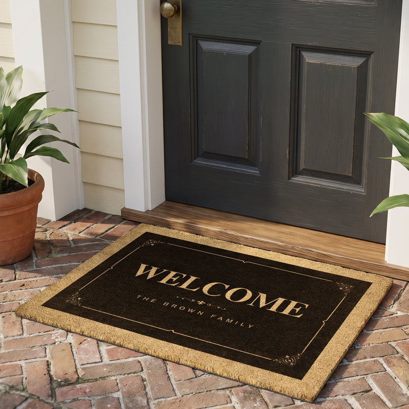 Elegant personalized door mat with gold scrollwork corners and a family name on natural coir
