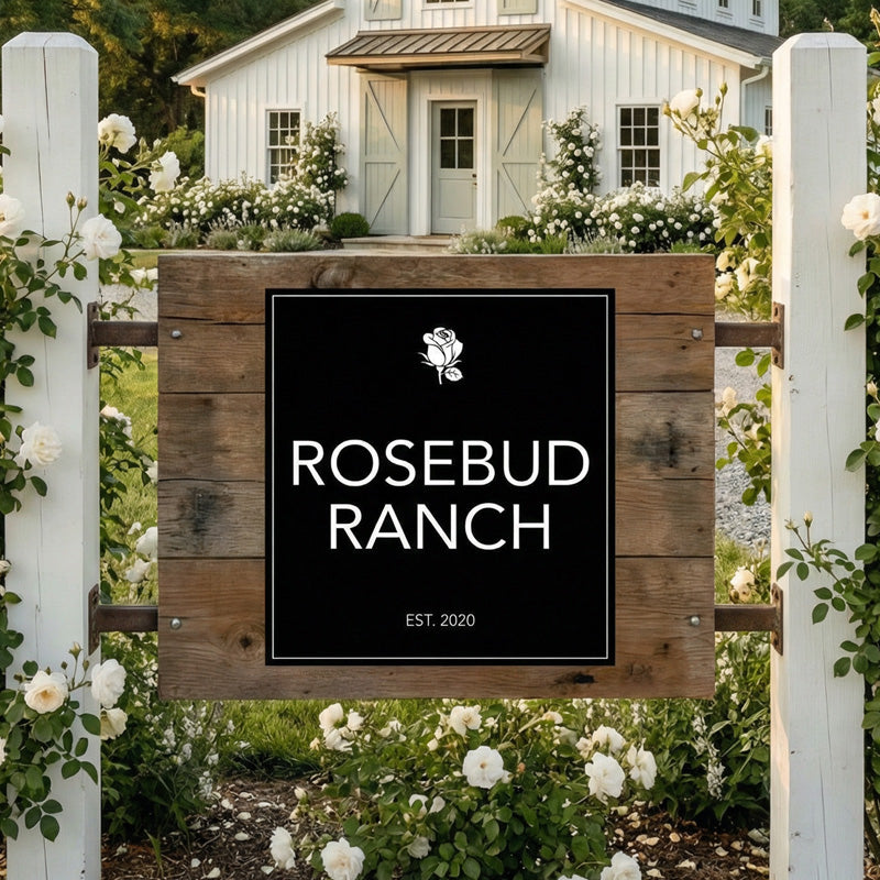 entrance sign made of  metal on a Wooden pole structure with 'Rosebud Ranch' logo and text in front of a white building with flowers.