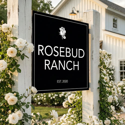 Entrance Sign for Rosebud Ranch with white flowers and a building in the background
