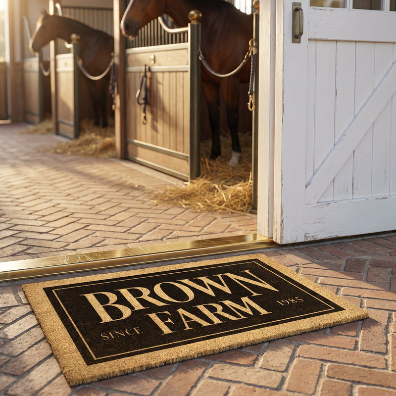 Equine door mat with a farm name and est year in cream on black coir, in a stable aisle with horses in their stalls