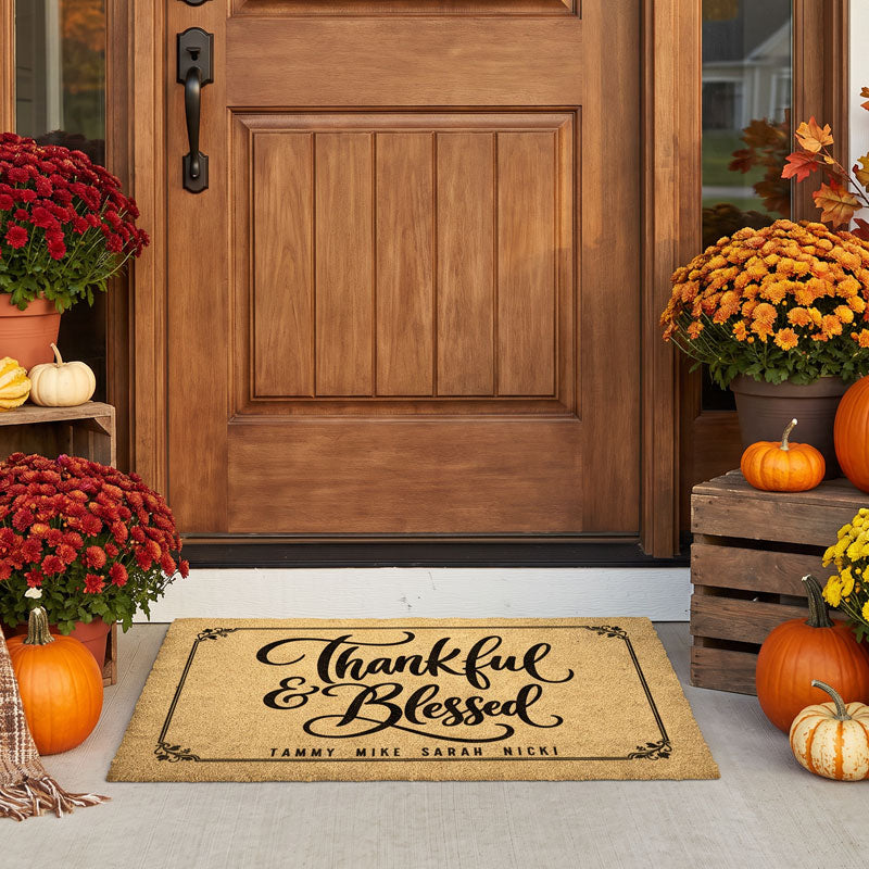Custom fall doormat with family member names and Thankful and Blessed harvest text