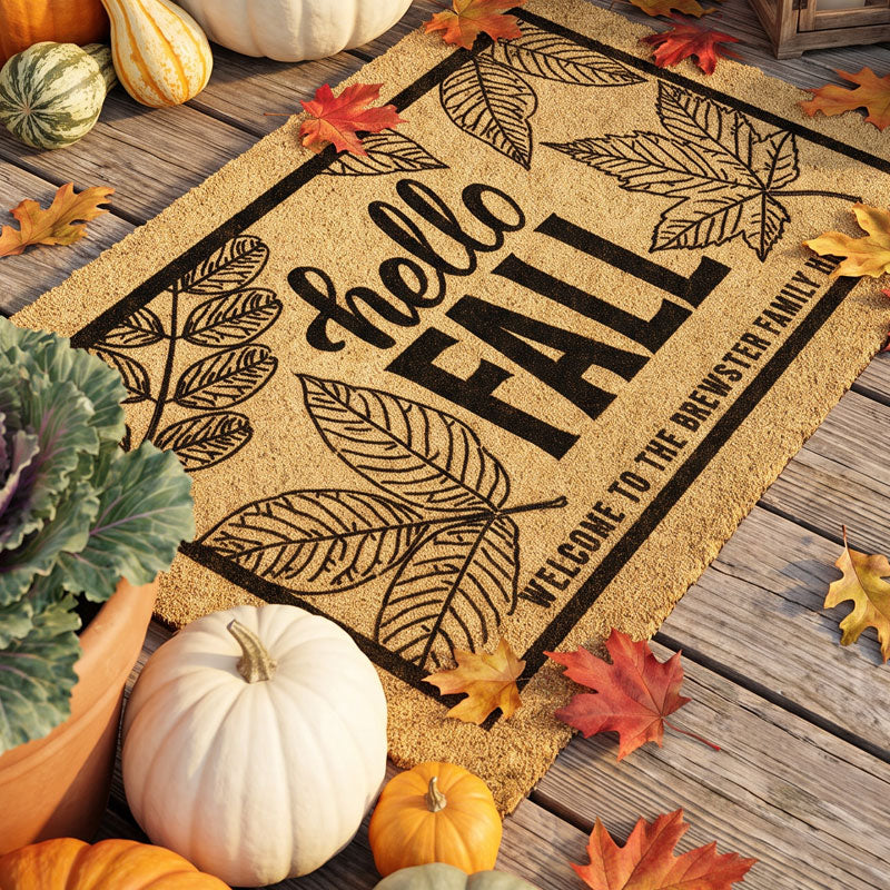 Hello Fall door mat with autumn leaf accents on fall front porch