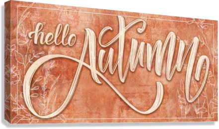 Hello Autumn Fall Wall Decor Sign in a tera cotta color with delicate leaves and big script letters.