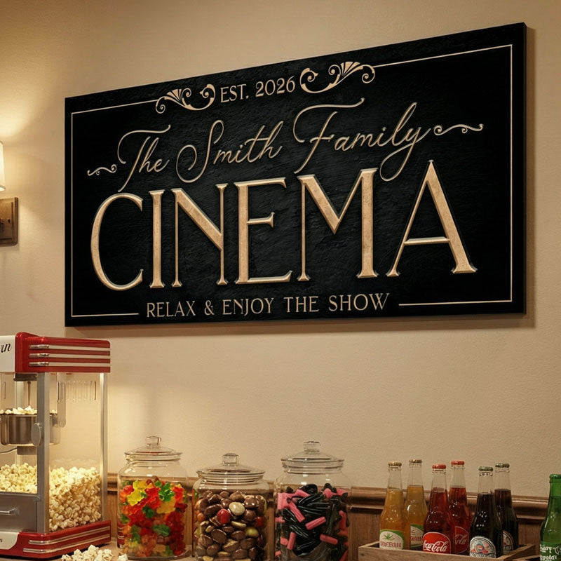 Decorative sign for 'The Smith Family Cinema' above a snack bar with popcorn machine and drinks.