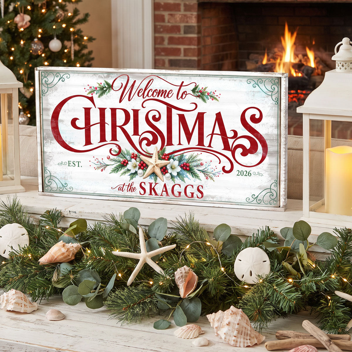 Personalized farmhouse Christmas sign leaning on a mantel with a lit tree and fireplace behind it