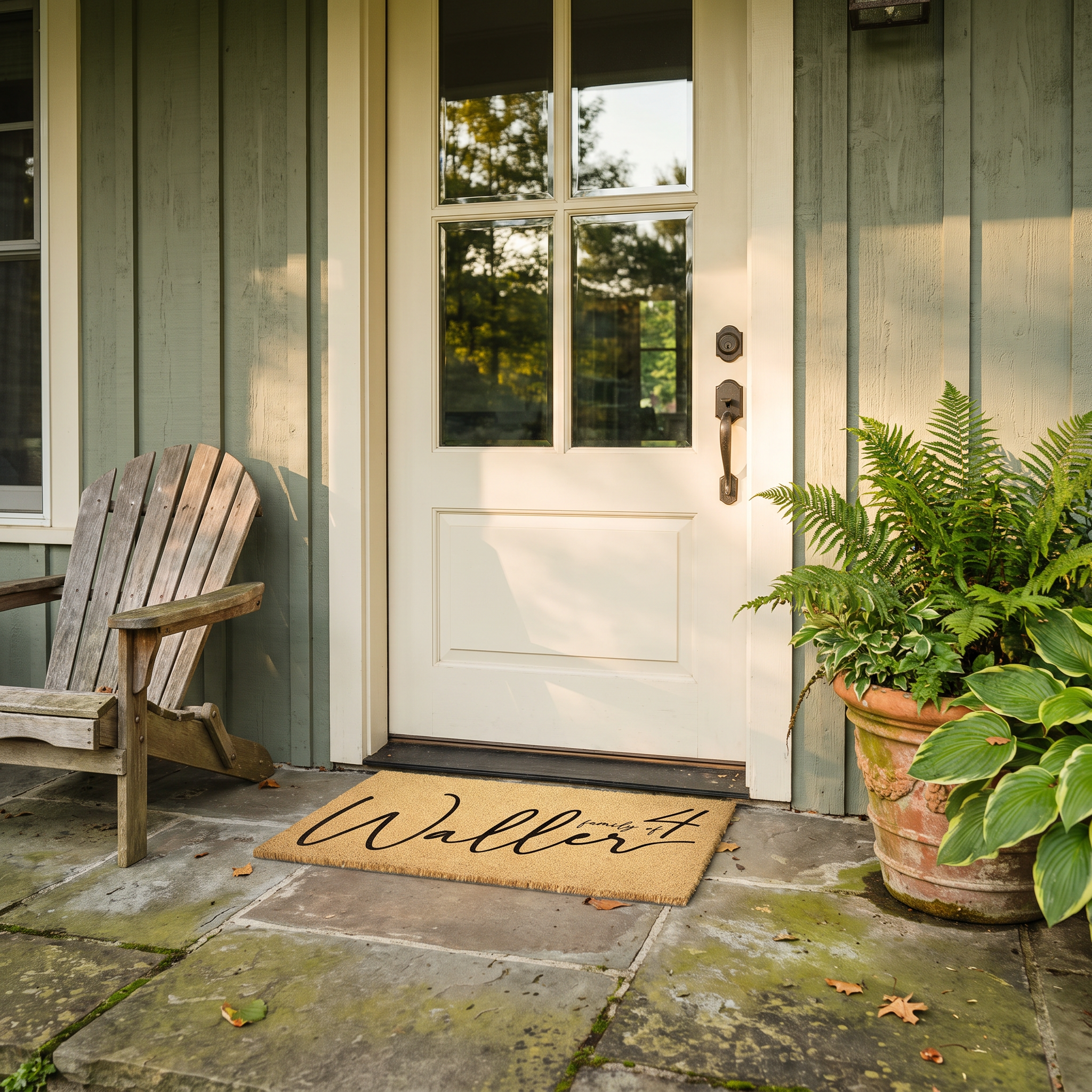 Family name coir welcome mat in black script at a white cottage door with ferns and hostas